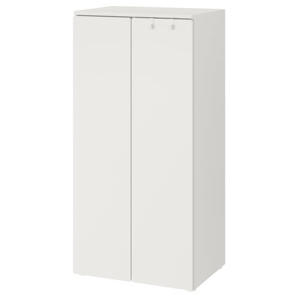 A white SMÅSTAD wardrobe for children, with two doors and adjustable interiors, designed to help kids manage their belongings independently.