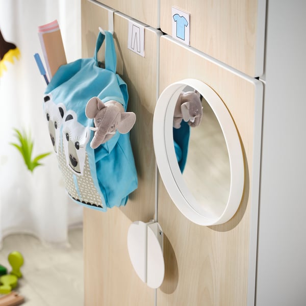 Kids wooden wardrobe; blue; light-colored wood, mirror, elephant toy.