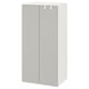 A white SMÅSTAD wardrobe with grey doors, featuring soft-close hinges and adjustable feet.