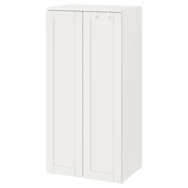 SMÅSTAD white kids wardrobe, 3-door, rectangular, minimalist design. Adjustable, easy-reach, soft-closing hinges.