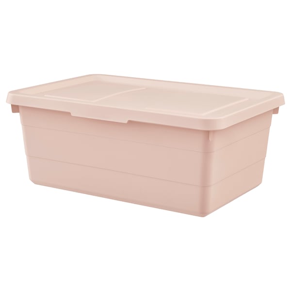 A light pink SOCKERBIT storage box with a lid, made of recycled polypropylene plastic, rectangular shape, and horizontal lines design.