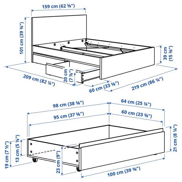 STORKLINTA Bed frame with 2 storage boxes, oak effect/Luröy, Standard King