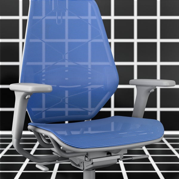 Blue ergonomic chair, mesh back, gray arms & base, adjustable, on grid floor.