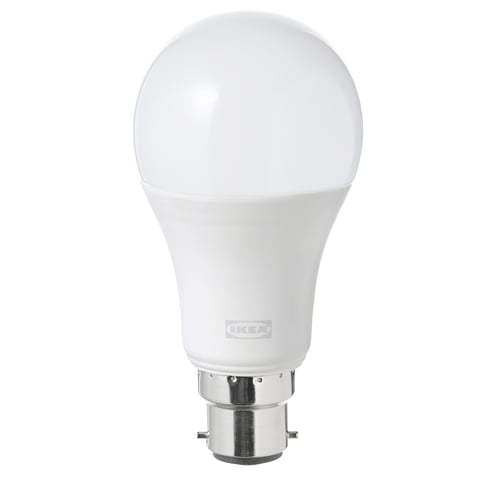Ikea TRÅDFRI smart white led bulb. Round shape, white color, made of polycarbonate plastic, designed for smart home use.