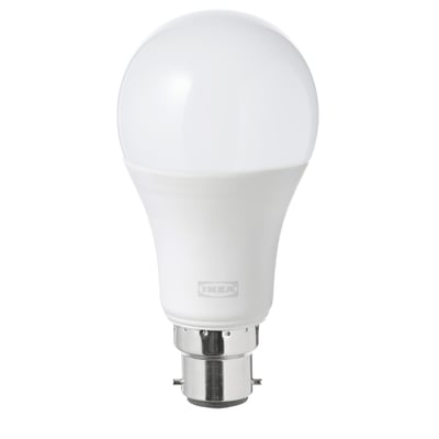 Ikea TRÅDFRI smart white led bulb. Round shape, white color, made of polycarbonate plastic, designed for smart home use.