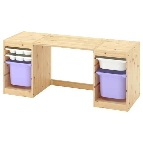 TROFAST Desk with storage boxes/trays, light white stained pine/white lilac, 124x44x52 cm