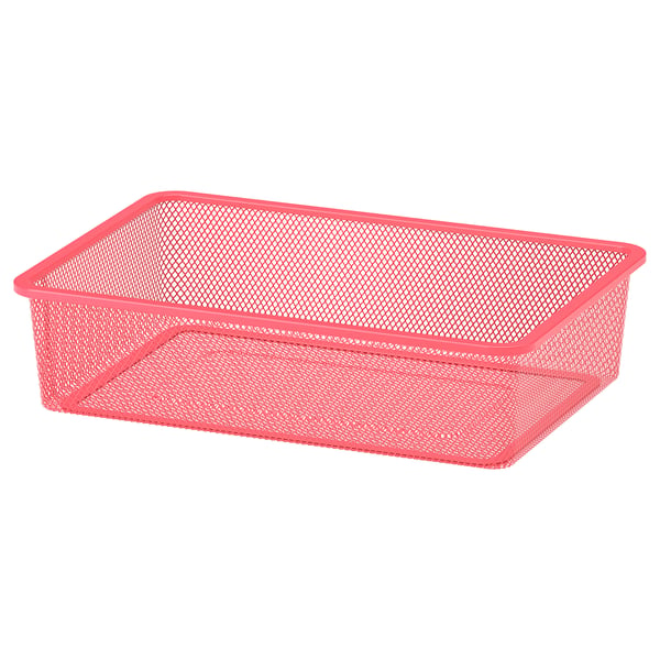 A bright pink wire mesh storage basket, ideal for organising items and fitting into frames.