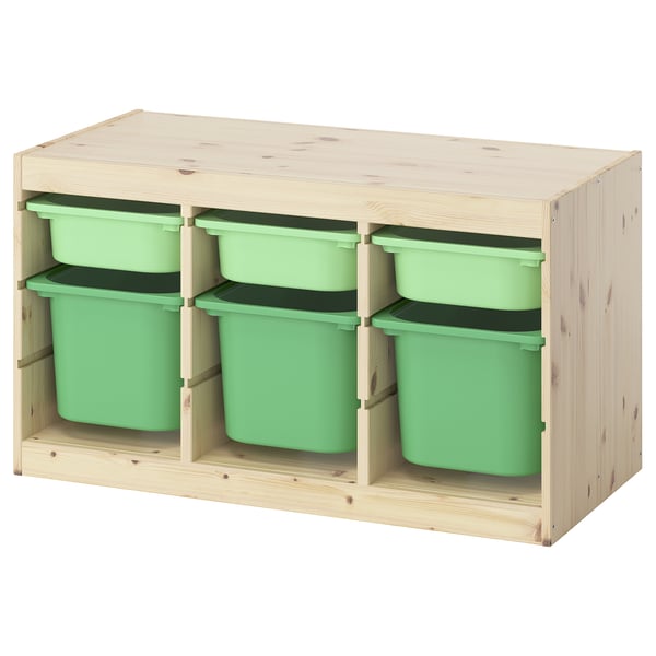 Wooden TROFAST storage with 6 green toy bins.