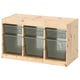 TROFAST: wooden storage unit, light brown, rectangular, with mesh gray bins.