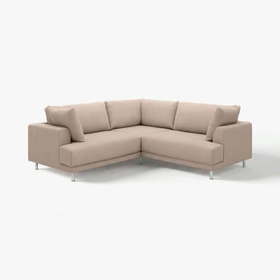 Modern beige sectional sofa with striped fabric, metal legs, and oversized cushions.