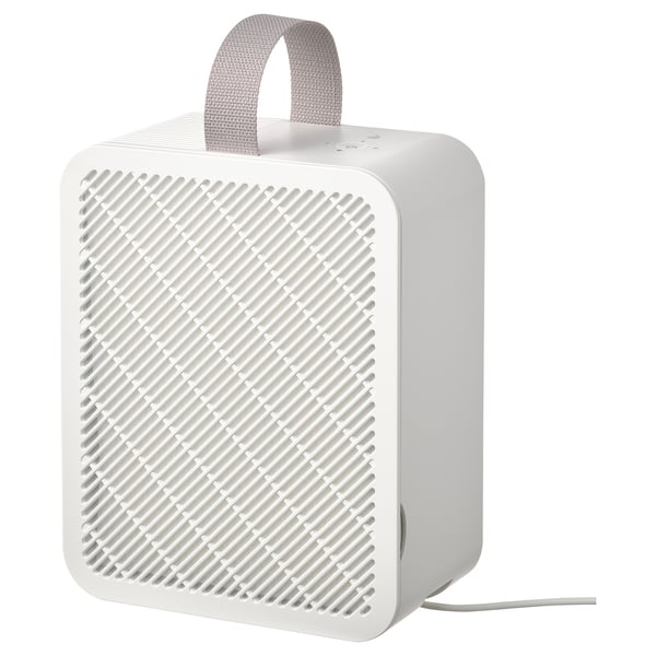 A white UPPÅTVIND air purifier. It has a square shape with a top handle and a textured front panel. The device stands upright and appears portable.