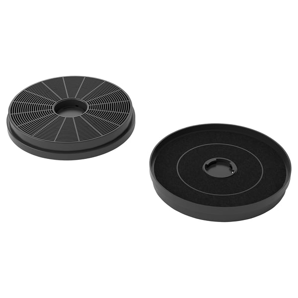 Two black round philtres, one with grid design, likely for kitchen use.