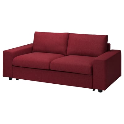 VIMLE red sofa-bed, modern design, plush cushions, fabric cover, dark red hue, versatile seating.