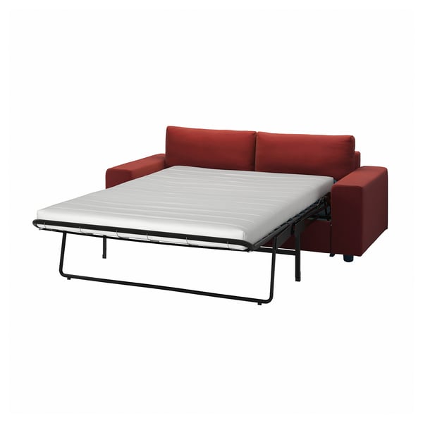 VIMLE red sofa bed, modern minimalist design, sleek metal frame, convertible with thick mattress.