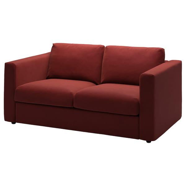 VIMLE burgundy sofa, modern, two-seater, soft velvet, deep red.