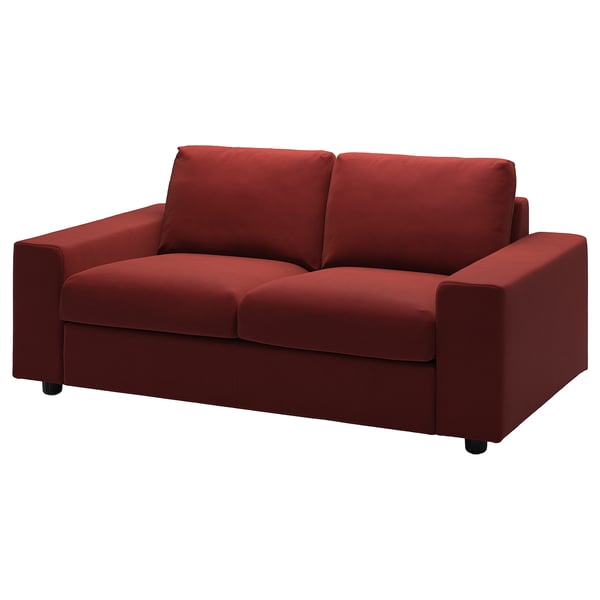 Modern red sofa, VIMLE, with clean lines and deep cushions. Soft, velvet fabric with high resilience foam seats. Perfect for cosy living spaces.