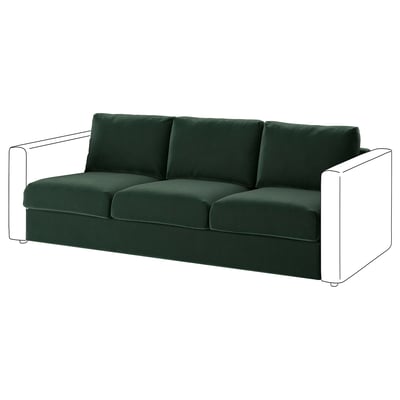 Dark green VIMLE sofa, modern design, three cushions, plush fabric.