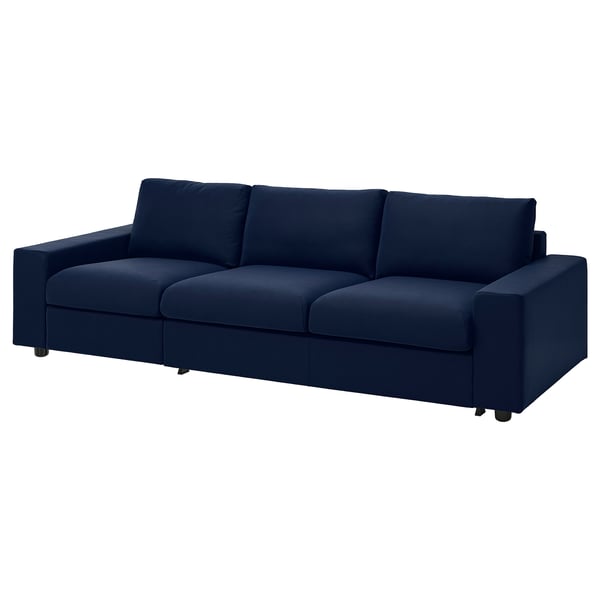 Navy blue sofa with modern design, clean lines, and supportive cushions. Ideal for contemporary living rooms.