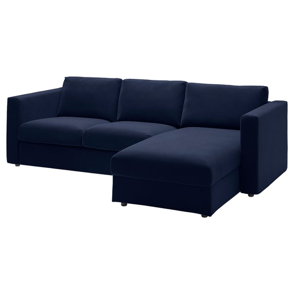 A VIMLE sectional sofa in dark blue with a left or right chaise longue, featuring storage and a 10-year guarantee.