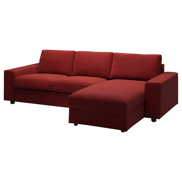 Red VIMLE sectional sofa, l-shaped, modern design with storage chaise.