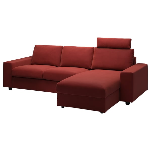 Bright red VIMLE sectional sofa with chaise, sleek modern design, red fabric, cosy cushions.