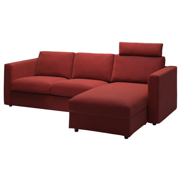 VIMLE red l-shaped sofa. Velvet, deep seat, storage chaise.