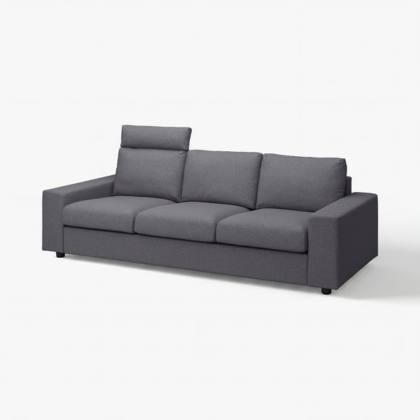 Grey VIMLE sofa, modern design, three seats, square arms, tweed fabric.