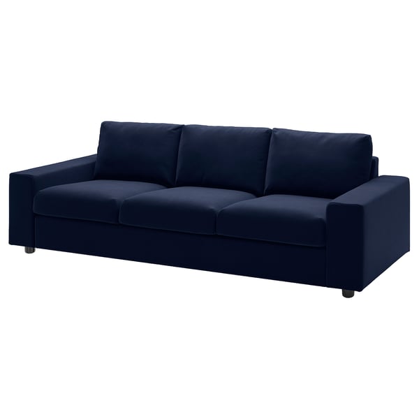 A blue VIMLE sofa. Its modern, with square cushions and a sleek design. The fabric is a mix of cotton, polyester, and viscose.