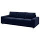 A blue VIMLE sofa. Its modern, with square cushions and a sleek design. The fabric is a mix of cotton, polyester, and viscose.