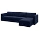 The VIMLE sofa is a deep blue, l-shaped design with a storage chaise. Its upholstered in a blend of recycled materials for an eco-friendly touch.