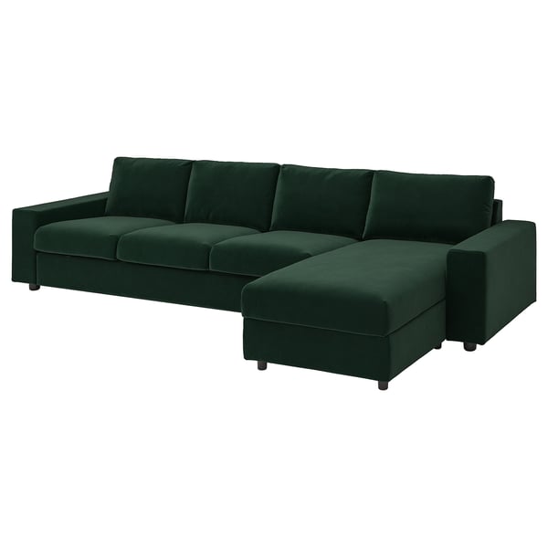 Dark green l-shaped VIMLE sofa with attached chaise, plush velvet upholstery.