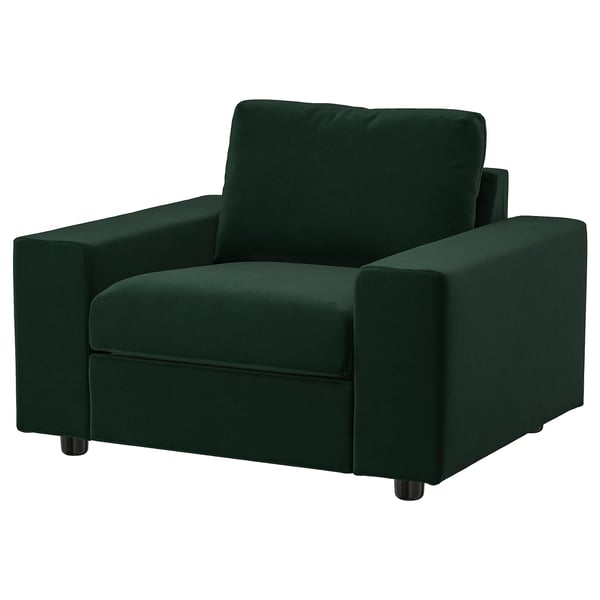 Green VIMLE sofa chair with dark legs & soft, deep seat.