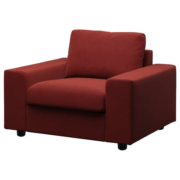 A red VIMLE chair with rounded arms and a simple, modern design.