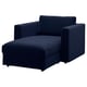 A dark blue VIMLE corner sofa chaise longue with a modern design and rectangular cushions, made of recycled and natural materials.