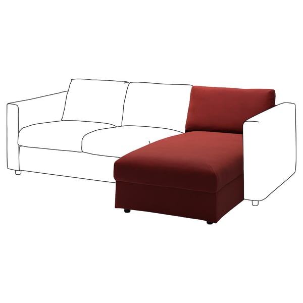 VIMLE sofa with red chaise, modern design, velvet fabric, corner storage