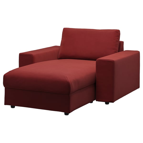 Red VIMLE sectional sofa with storage chaise, modern design.