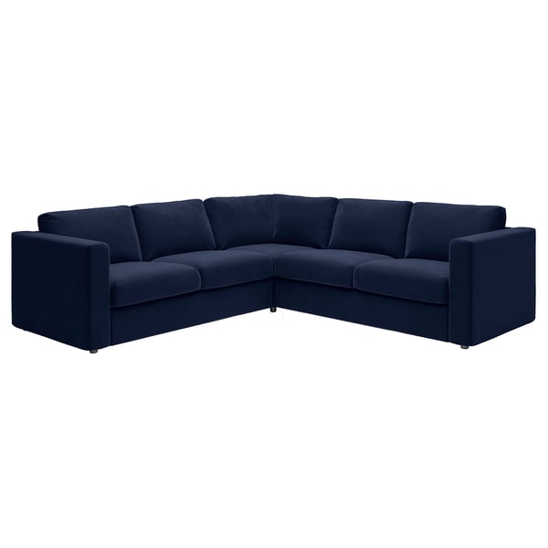 A dark blue, l-shaped VIMLE sectional sofa with a modern design and sleek lines.