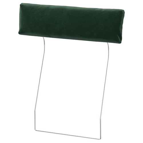 Dark green rectangular headrest cushion with wire frame, designed for neck support on a sofa.