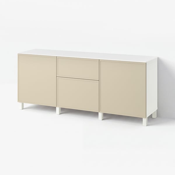 BESTÅ קומבינצית אחסון עם מגירות, לבן/Krukmakare בז', 180x42x75 ס"מ