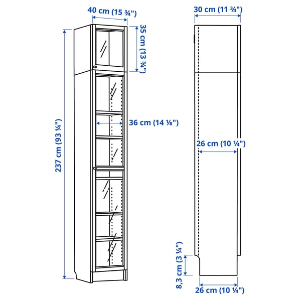 BILLY / OXBERG ארון ספרים עם דלתות זכוכית/יח תוספת, חום גוון אגוז, 40x30x237 ס"מ