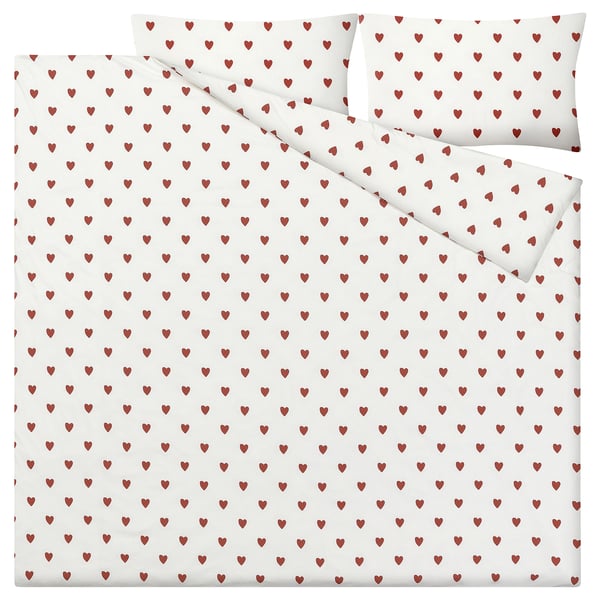BJÖRNBÄRBUSKE ציפה ו-2 ציפיות, דוגמת לבבות לבן/אדום, 200x220/50x70 ס"מ