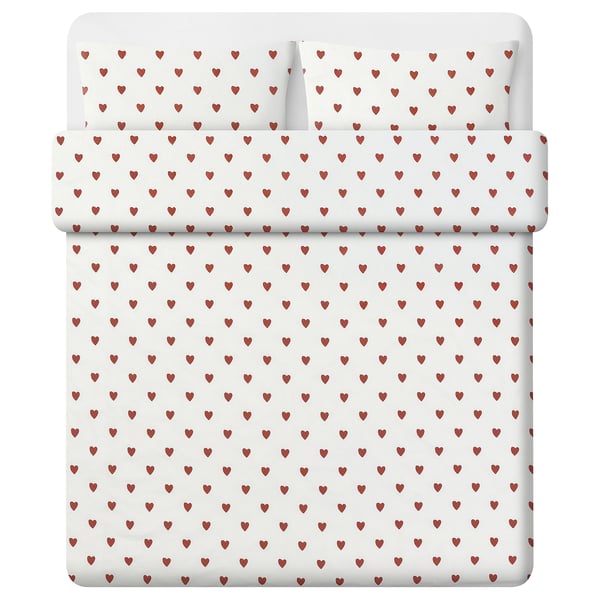 BJÖRNBÄRBUSKE ציפה ו-2 ציפיות, דוגמת לבבות לבן/אדום, 200x220/50x70 ס"מ