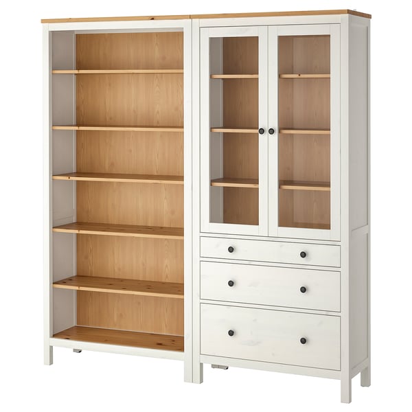 HEMNES יחידת אחסון עם דלתות/מגירות, לבן/גוון חום בהיר, 180x197 ס"מ