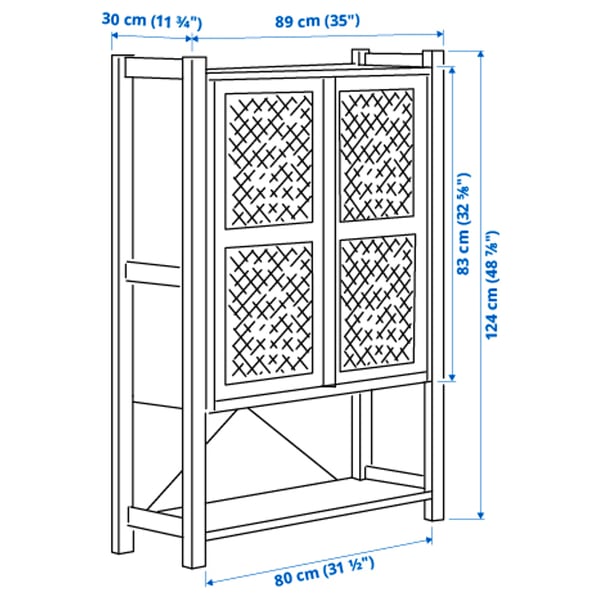 IVAR ארונית עם דלתות, אורן/אפור-ירוק רשת, 89x30x124 ס"מ