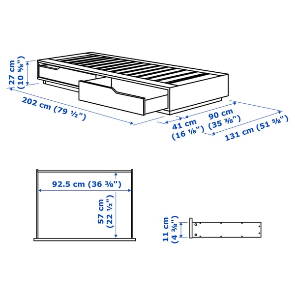 MANDAL מסגרת מיטה עם תא אחסון, ליבנה/לבן, 90x200 ס"מ