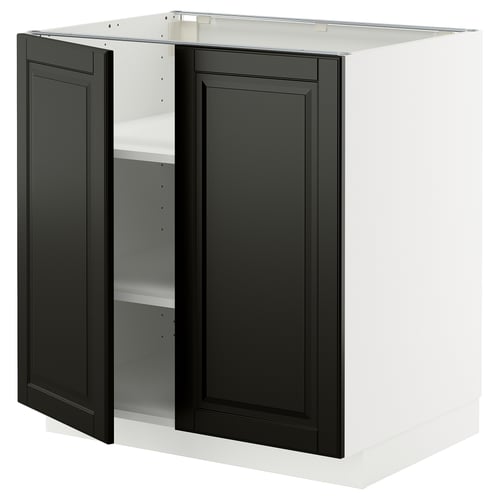 METOD ארון תחתון עם מדפים/2 דלתות, לבן/Bodbyn שחור, 80x60 ס"מ