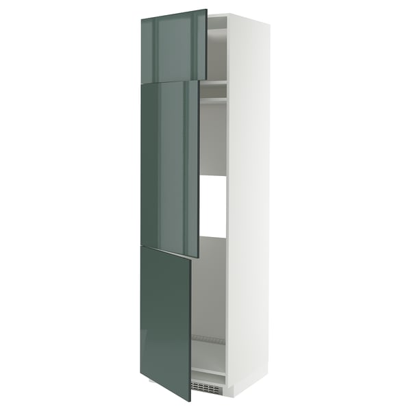 METOD ארון גבוה למקרר/מקפיא עם 3 דלתות, לבן/Kallarp אפור כהה-ירוק מבריק, 60x60x220 ס"מ