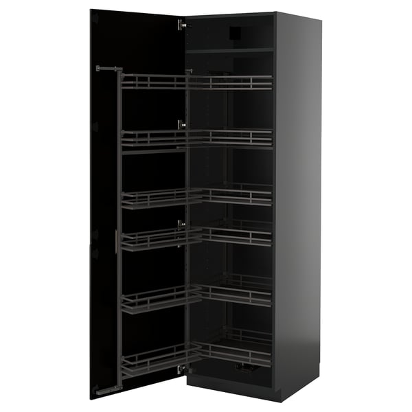 METOD ארון גבוה עם מזווה נשלף, שחור-אפור/Bodbyn שחור, 60x60x200 ס"מ