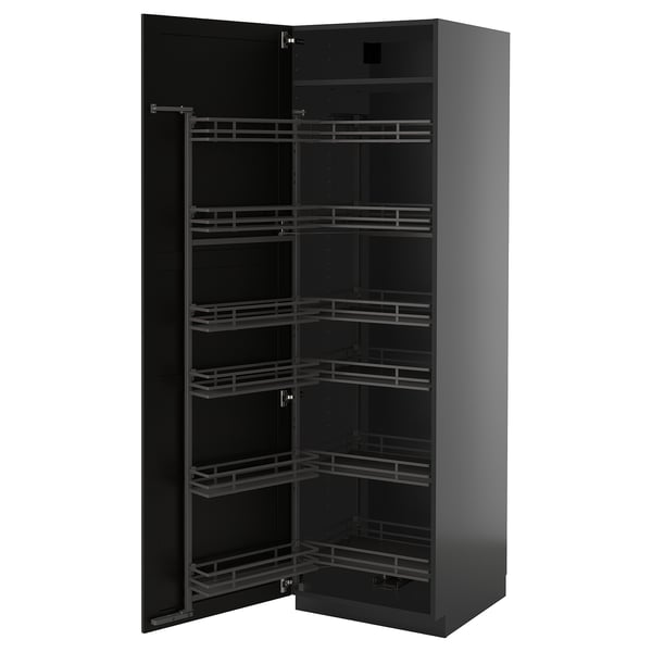 METOD ארון גבוה עם מזווה נשלף, שחור-אפור/Lerhyttan צבע שחור, 60x60x200 ס"מ