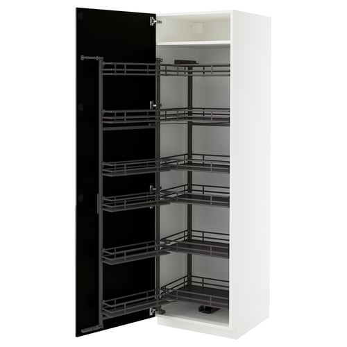 METOD ארון גבוה עם מזווה נשלף, לבן/Bodbyn שחור, 60x60x200 ס"מ